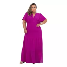 Vestido Longo Plus Size Manga Bufante Linha Gold