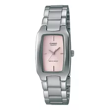 Reloj Casio Ltp-1165a-4cdf Mujer 100% Original Correa Plata Bisel Rosa Fondo Rosa