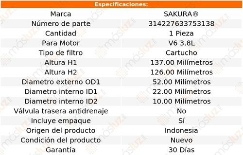 1) Filtro Aceite Jeep Wrangler 3.8l V6 12 Sakura Foto 3