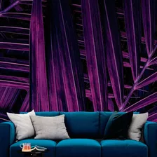 Papel De Parede Painel 3d Folhas Palmerias Roxo Escuro 2,5m