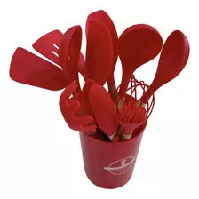 Jogo Utensílios Cozinha 11 Colheres De Silicone Cabo Madeira Cor Vermelho