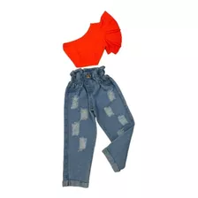 Conjunto Feminino Blogueirinha Cropped Babado Jeans Mom Luxo