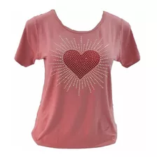 Blusa Coração Até Tam. G5 Aplicação Pedraria M/c Viscolycra