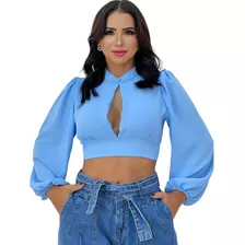 Cropped Feminino Manga Longa Amarração Nas Costas