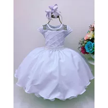 Vestido Infantil Branco Aplique Pérolas Luxo Batizado