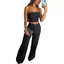 Conjunto Feminino Calça Pantalona E Cropped Faixa #cj56