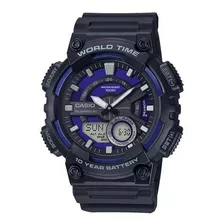 Reloj Casio Aeq-110w-2a2v Caballero Original E-watch Color De La Correa Negro Color Del Bisel Negro Color Del Fondo Azul