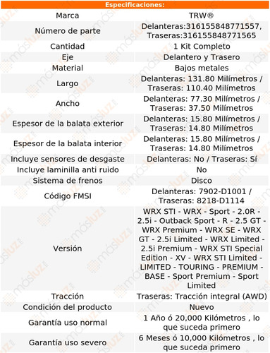 Jgo Balatas Bajos Metales Del + Tras Impreza Awd 07/14 Trw Foto 3