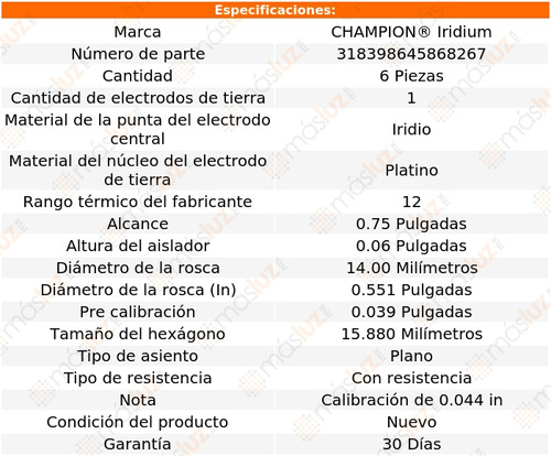 Set 6 Bujas Iridio Crossfire V6 3.2l 04/07 Champion Foto 2