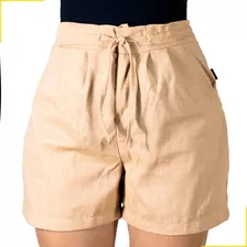 : Shorts Feminino De Linho Com Cintura Alta E Alfaiataria