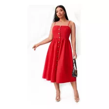 Vestido Rojo Talla Grande Largo Tirantes Casual Con Botones