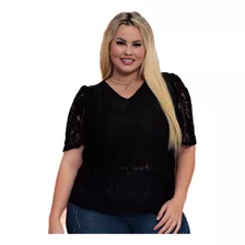 Blusa Plus Size Seroy Gola V De Renda Manga Curta