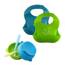 Set De Comida Para Bebé, 2 Platos, 2 Cucharas Y 2 Baberos Color Azul/verde Set Baberos Silicón Y Bowls