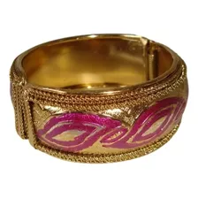 Pulseira Bracelete Metal Dourado Mola 3 Cm Floral Indiana 3