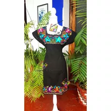 Vestido Chico Artesanal/negro Bordado Flores De Chiapas!!