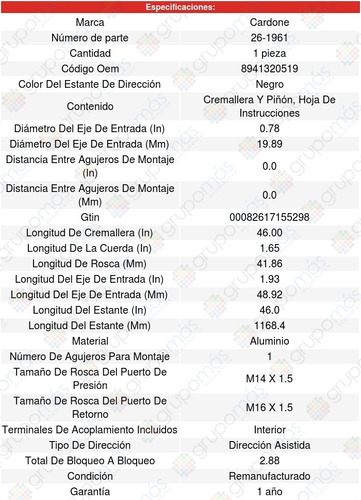 Cremallera Direccion Hidraulica Geo Spectrum 1989 Cardone Foto 5