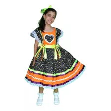 Vestido Festa Junina Caipira Infantil Neon