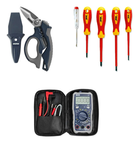 Kit Bremen: Tijera Pelacables 0.3 A 6mm + Juego Destornilladores Aislados 5pz 1000v + Tester Multímetro