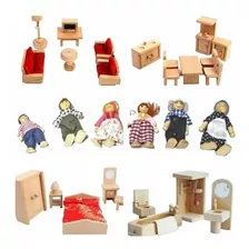 Completo Set Muebles Madera Para Casa Muñecas + Familia