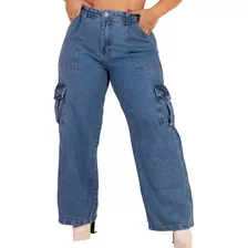 Calça Jeans Cargo Bolsos Laterais Wide Leg Plus Size