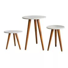 Trio Mesinhas Redonda Pé Palito Retro Decoração Sala Cor Trio De Mesa Pé Palito Branco