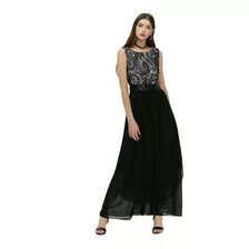 Maxivestido Negro Encaje Pecho Sin Mangas Moda Asiática