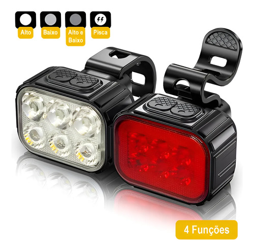 Kit Lanterna E Farol Bicicleta Potente 6 Leds Recarregável Preto