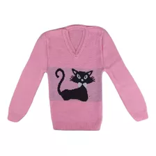 Blusa Tricot Infantil Gato Meninas Manga Longa