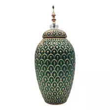 Florero Jarron Ceramica Verde Dorado Diseño Arabe Alargado