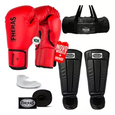 Kit Muay Thai Luva Vermelha Bandagem Anatômica Bolsa 16oz