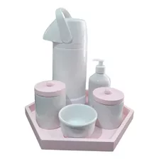 Kit Higiene Bebê Porcelana Garrafa Pressão Potes Menina Rosa