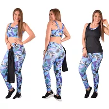 Conjunto Licra Leggins Top + Blusa Deportivo 3 Piezas Dama