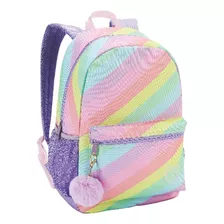 Mochila Menina Unicórnio Arco Iris Feminina Com Pompom Top