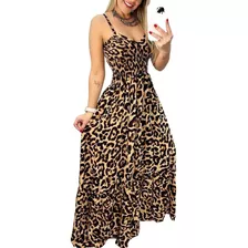 Vestido Largo De Mujer Con Tirantes Y Estampado De Leopardo