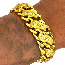 Pulseira Cravejada 15mm Lançamento Friso Banhado A Ouro 18k