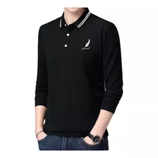 Camiseta Polo Manga Larga Patrón Bordado Playera Para Hombre