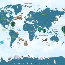 Papel De Parede Adesivo Mapa Mundi Animais Oceano 200x180cm