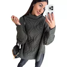 Poncho Feminino Manga Longa Tricô Gola Alta Gringa Blogueira