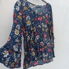 Blusa Manga Acampanada 3/4 Color Floreada Cuello Bote Divina