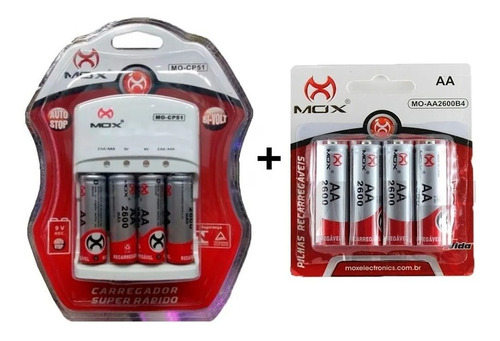 Kit Carregador Mox + 8 Pilhas Recarregáveis Mox Aa 2600 Mah.