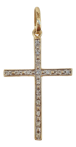 Pingente Cruz Palito Com Diamantes De Ouro 18k 750 Amarelo