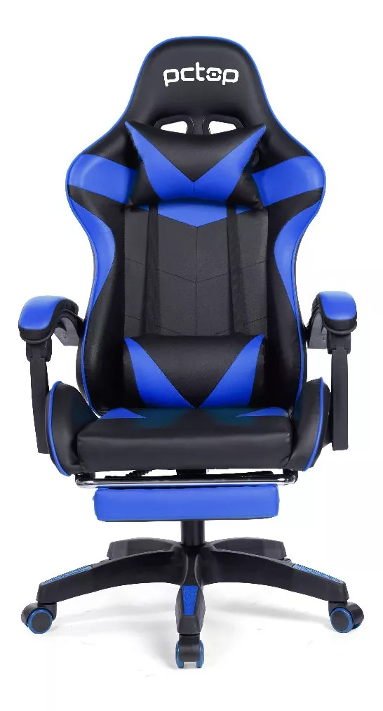 Cadeira De Escritório Pctop Racer 1006 Gamer Ergonômica  Preta E Azul Com Estofado De Couro Sintético