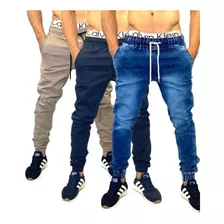 Kit 3 Calças Jogger Masculina Jeans Slim Original Elastano