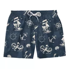 Short Bermuda Masculina Marinho Mar Estampado Praia Verão