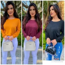 Blusa Suede Manga Longa Tecido Aveludado Gola Redonda