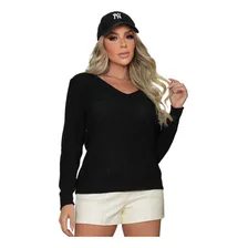 Blusa Manga Longa Tricot Bolsinho Na Frente Feminina