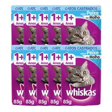 10 Ração Whiskas Sachê Gatos Castrados Sabor Peixe 85g