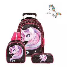 Mochila Escolar Unicórnio Pony Rodinha Kit Lancheira+estojo Cor Preto Desenho Do Tecido Unicornio, My Little Pony