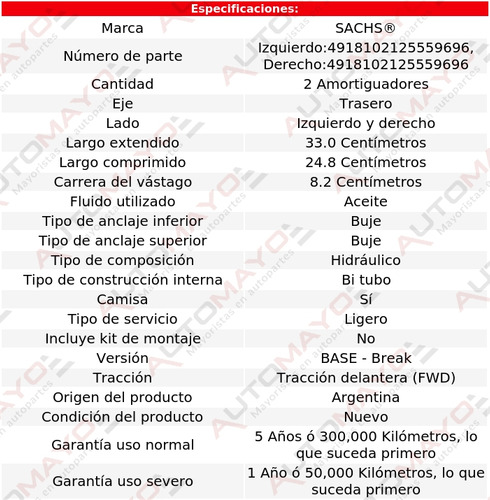 2 Amortiguadores Hid Tras Sachs 306 L4 2.0l Peugeot 01-02 Foto 2