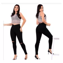 Calça Preta Feminina Skinny Com Rasgo No Joelho